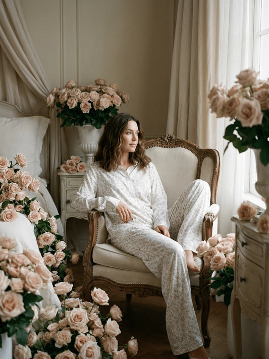 Ensemble Pyjama long | Blanc fleuri pastel