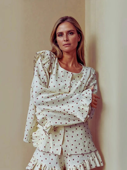 Ensemble Pyjama court en coton | Écru à petits cœurs