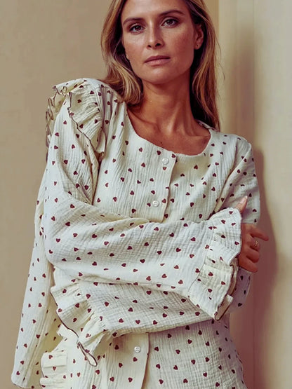 Ensemble Pyjama court en coton | Écru à petits cœurs